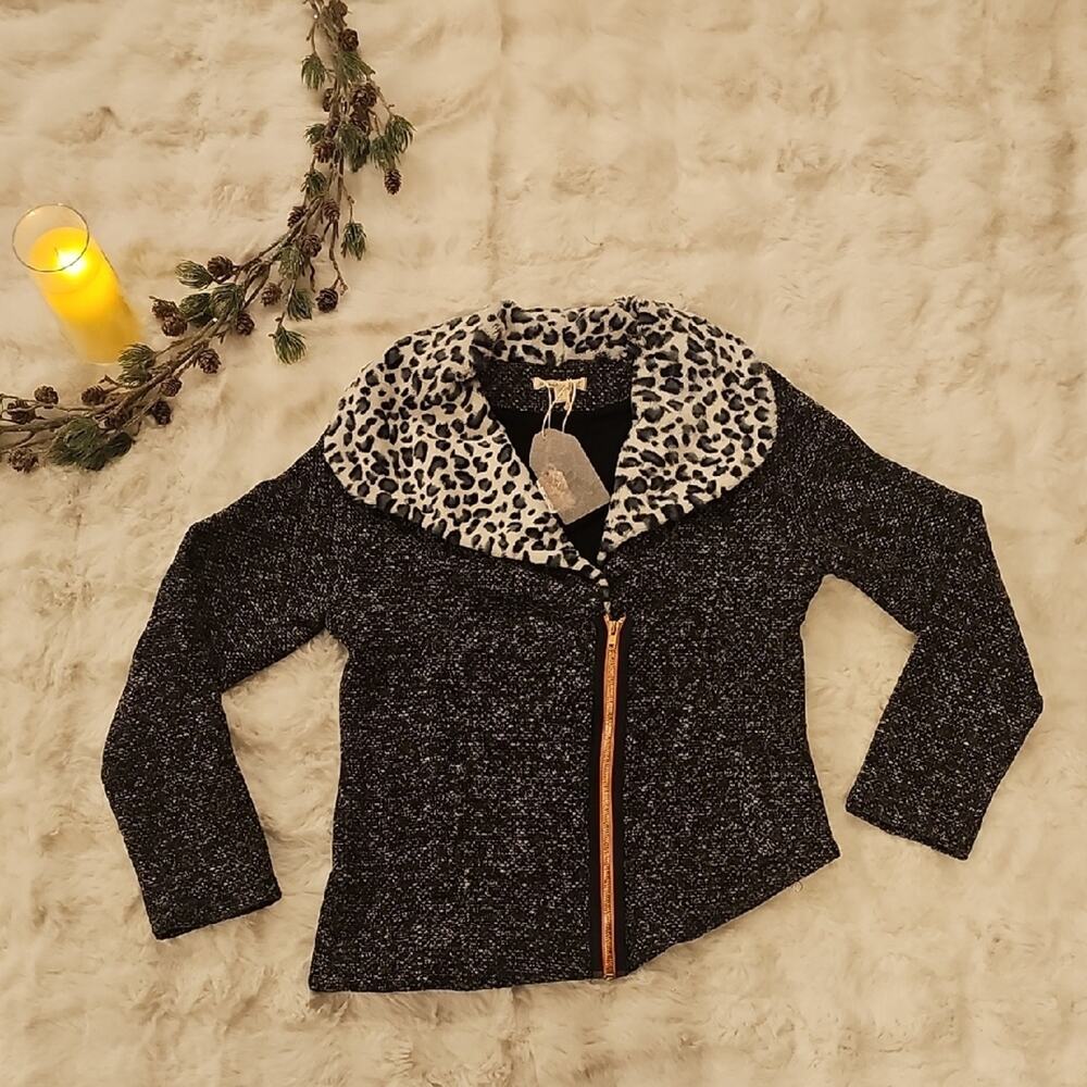 Hem & Thread Black Tweed Cardigan Jacket White Leopard Collar Womens L Trendy